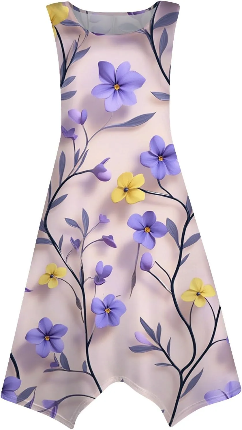 Midi Dress for Women Summer Sleeveless Irregular Hem Mid Length Dress for Women U-Neck Dresses A Line with Pockets