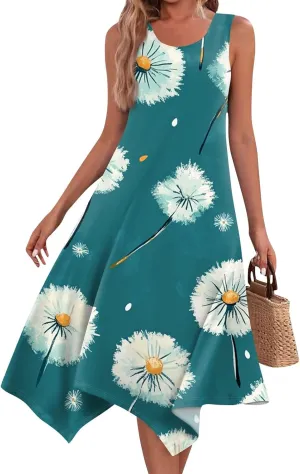 Midi Dress for Women Summer Sleeveless Irregular Hem Mid Length Dress for Women U-Neck Dresses A Line with Pockets