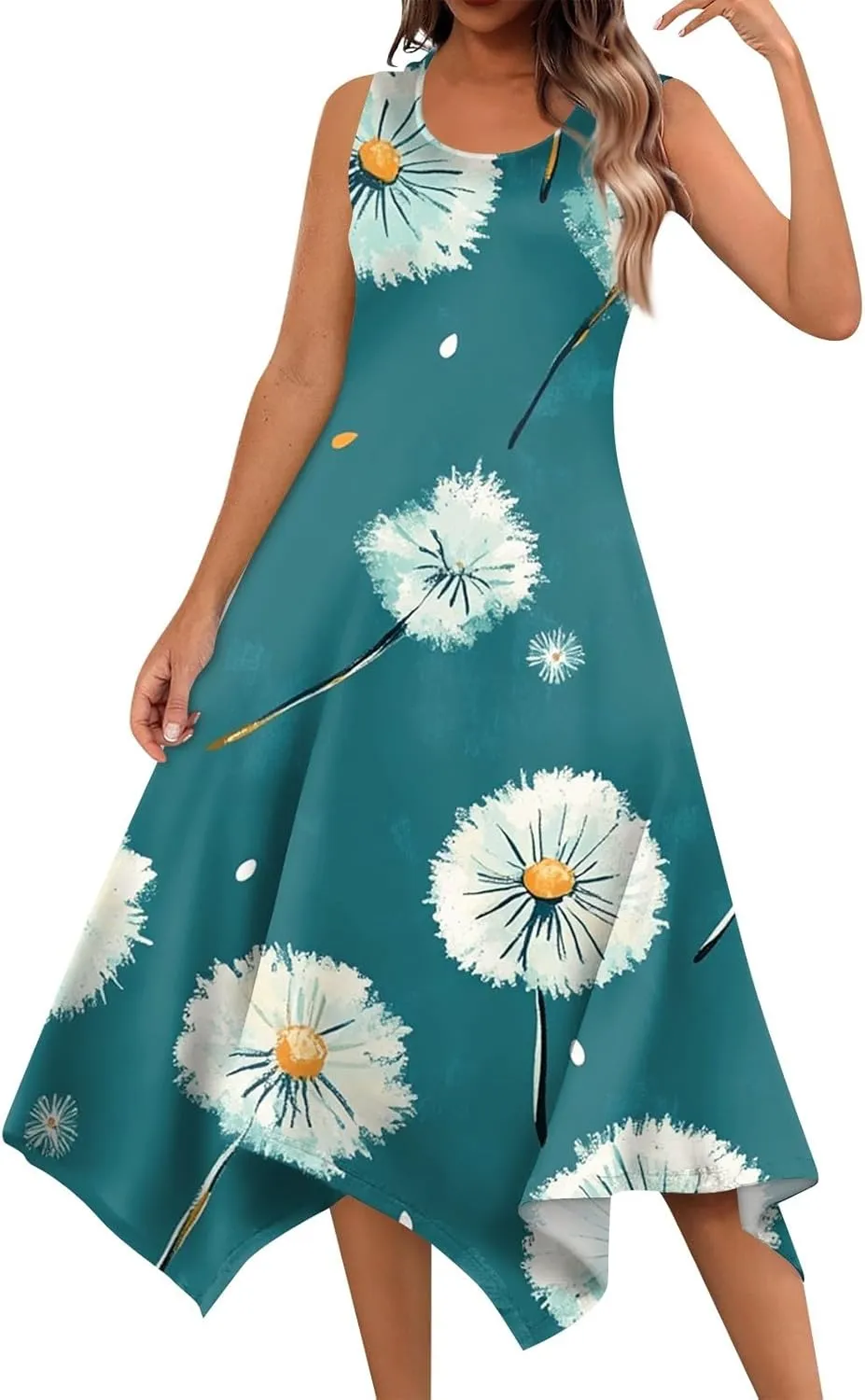 Midi Dress for Women Summer Sleeveless Irregular Hem Mid Length Dress for Women U-Neck Dresses A Line with Pockets