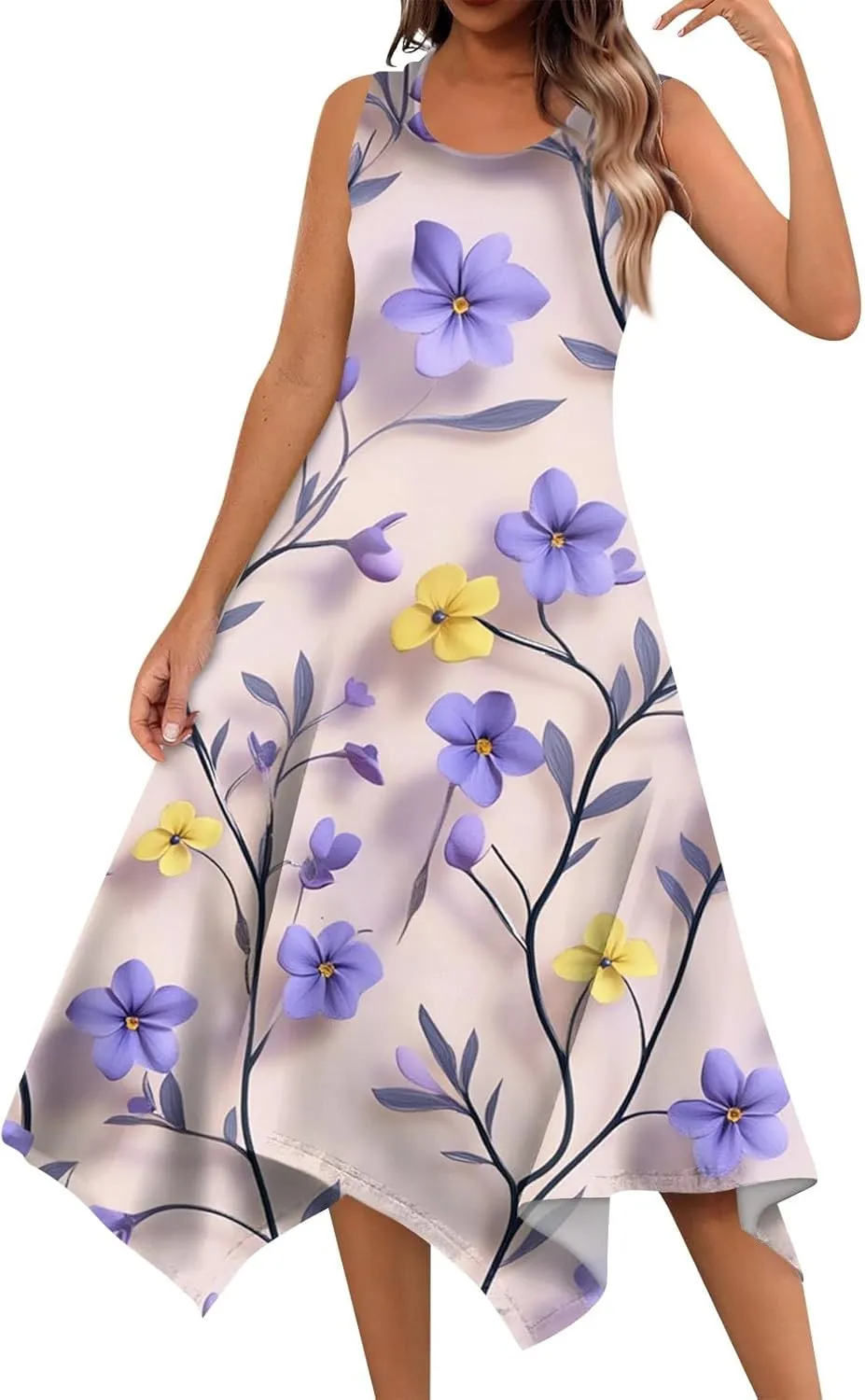 Midi Dress for Women Summer Sleeveless Irregular Hem Mid Length Dress for Women U-Neck Dresses A Line with Pockets
