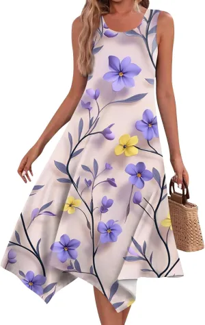 Midi Dress for Women Summer Sleeveless Irregular Hem Mid Length Dress for Women U-Neck Dresses A Line with Pockets