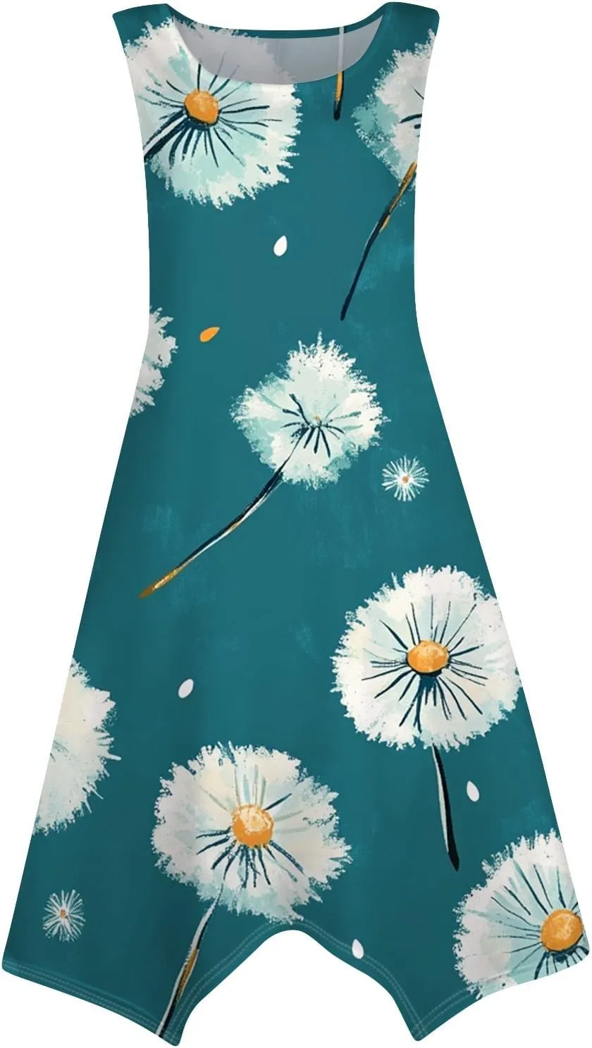 Midi Dress for Women Summer Sleeveless Irregular Hem Mid Length Dress for Women U-Neck Dresses A Line with Pockets