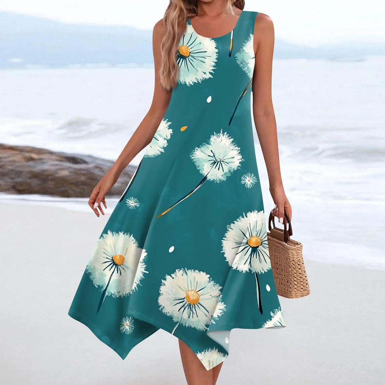 Midi Dress for Women Summer Sleeveless Irregular Hem Mid Length Dress for Women U-Neck Dresses A Line with Pockets