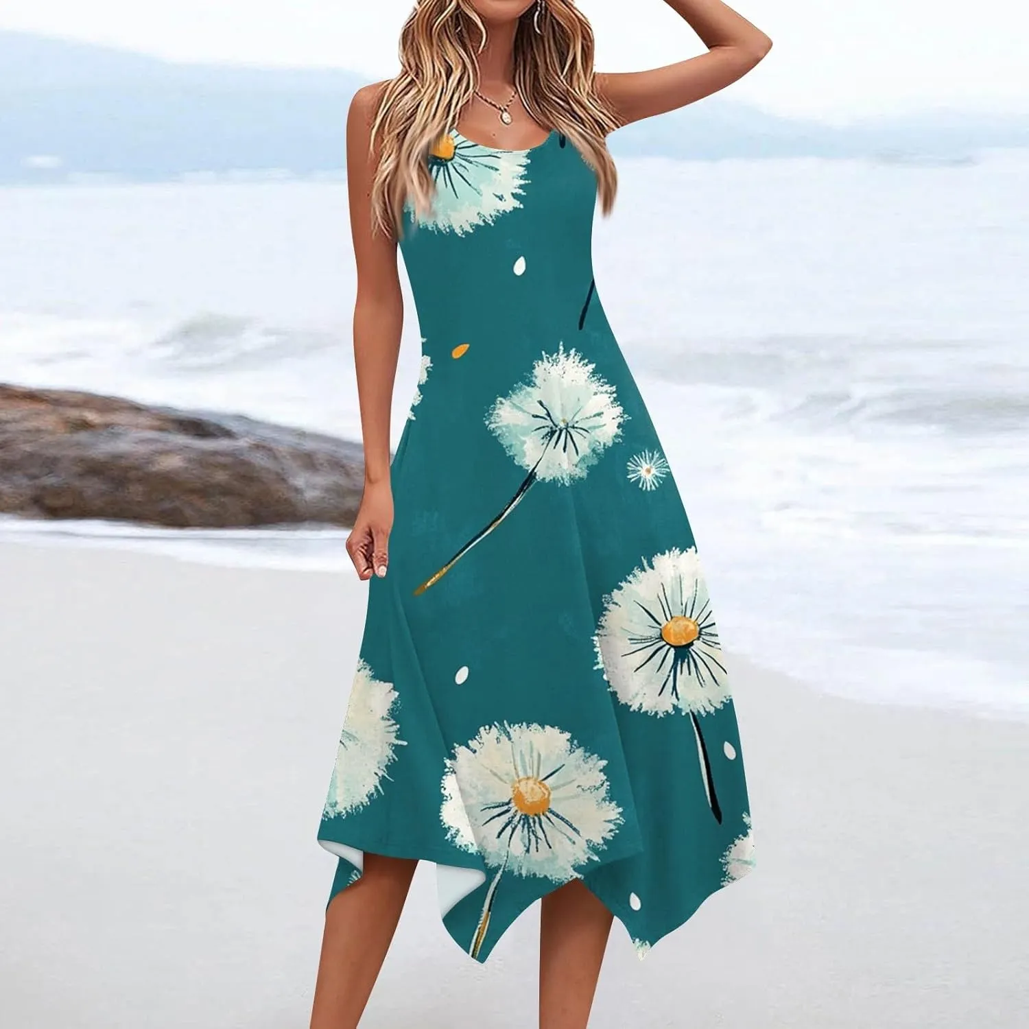 Midi Dress for Women Summer Sleeveless Irregular Hem Mid Length Dress for Women U-Neck Dresses A Line with Pockets