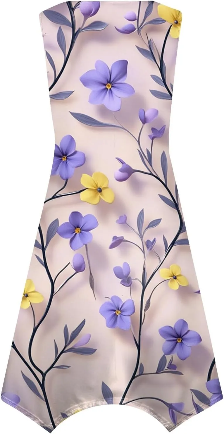 Midi Dress for Women Summer Sleeveless Irregular Hem Mid Length Dress for Women U-Neck Dresses A Line with Pockets