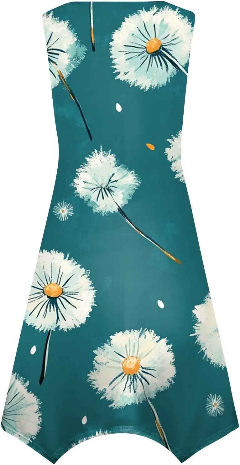 Midi Dress for Women Summer Sleeveless Irregular Hem Mid Length Dress for Women U-Neck Dresses A Line with Pockets