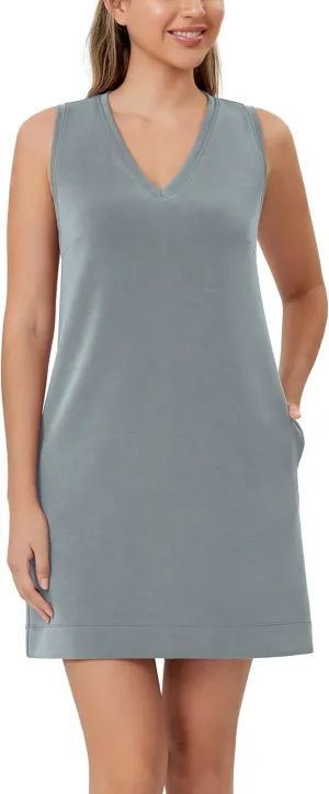 ODODOS Modal Soft V-Neck Tank Dress for Women Sleeveless Sundress Casual Relaxed Summer Dress with Pocket