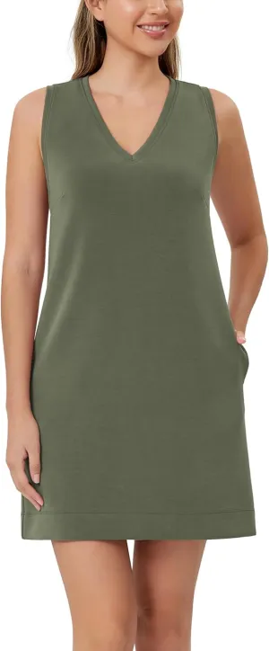 ODODOS Modal Soft V-Neck Tank Dress for Women Sleeveless Sundress Casual Relaxed Summer Dress with Pocket