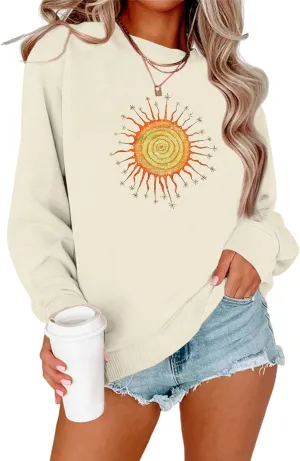 Oversized Sun Graphic Vintage Sweatshirt for Women Aesthetic Retro Long Sleeve Crewneck Shirts Casual Pullover Tops