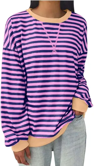 Oversized Sweatshirts for Women Casual Long Sleeve Stripes Sweatshirts Shirts Trendy Crewneck Tops Fall Fashion Clothes