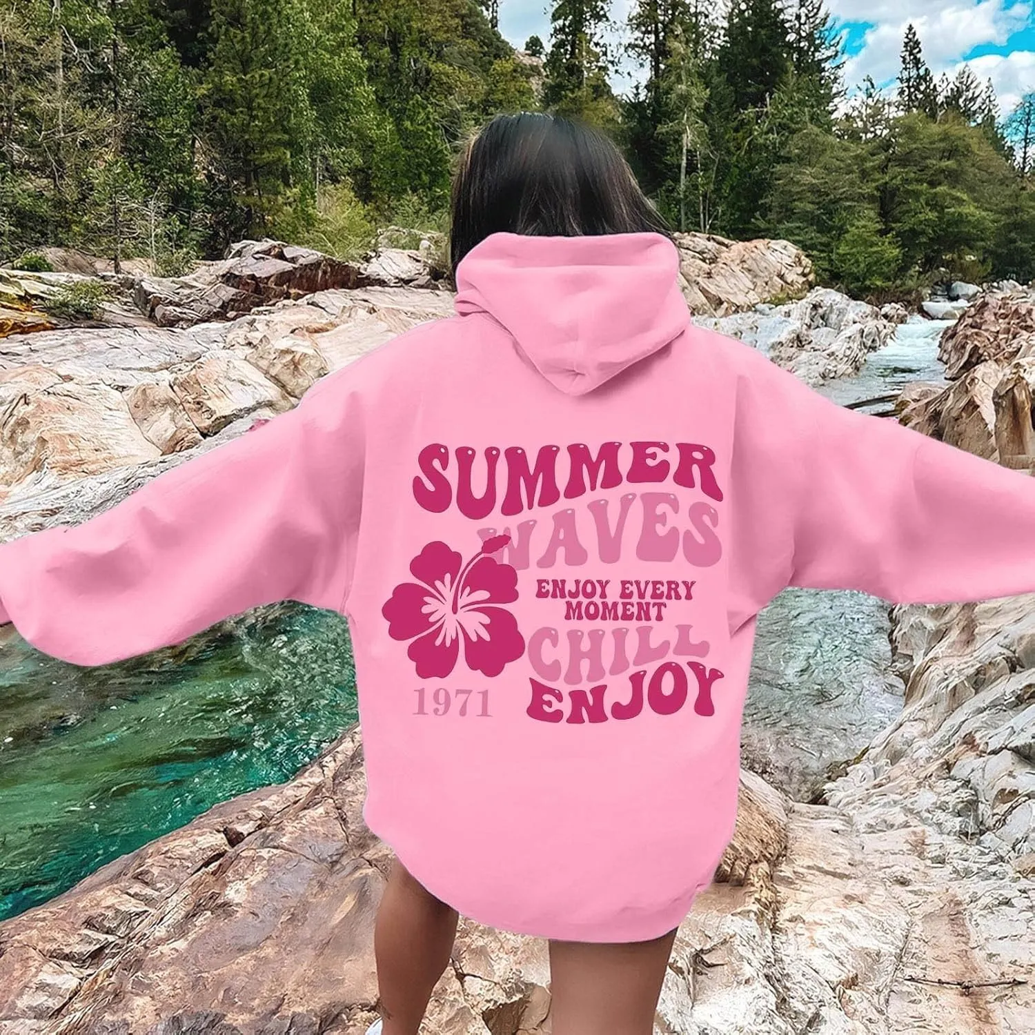 Pink Palm Puff Hoodie Letter Print Y2k Sweatshirt Trendy Preppy Sweatshirts for Teen Girls Cute Clothes