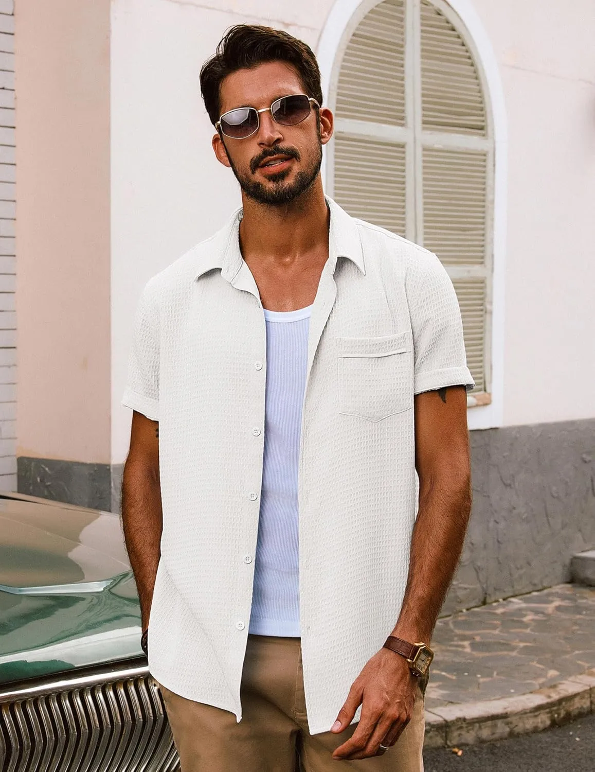 PJ PAUL JONES Mens Short Sleeve Button Down Shirts Casual Waffle Textured Loose Fit Summer Beach Shirt