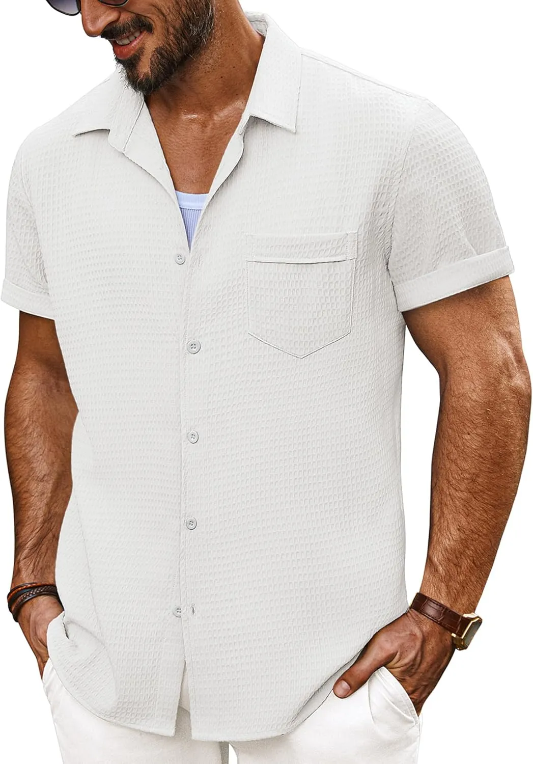 PJ PAUL JONES Mens Short Sleeve Button Down Shirts Casual Waffle Textured Loose Fit Summer Beach Shirt