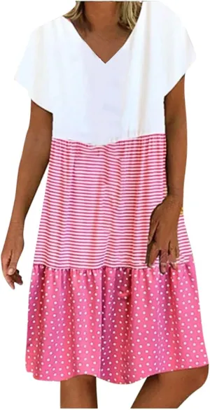 Plus Size Women Summer Midi Dress Casual V-Neck Short Sleeve Striped Polka Dot Color Block Beach Dresses
