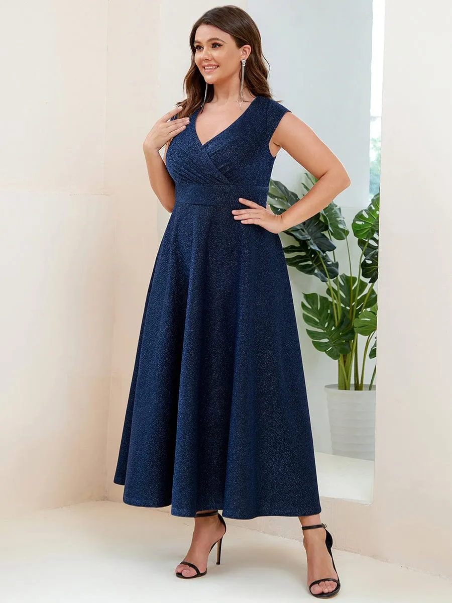 Robe de Soirée Plissée A-ligne à Manches Courtes de Grande Taille
