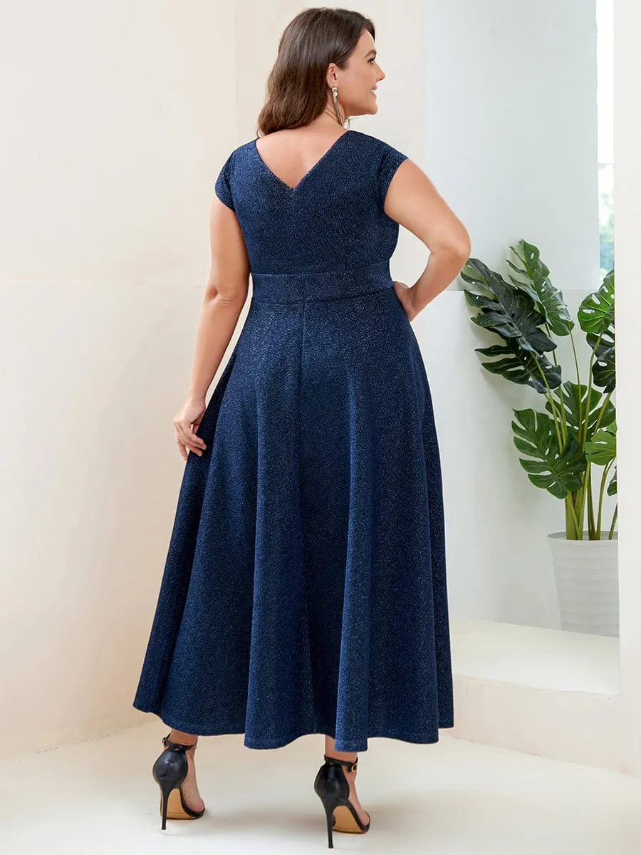 Robe de Soirée Plissée A-ligne à Manches Courtes de Grande Taille