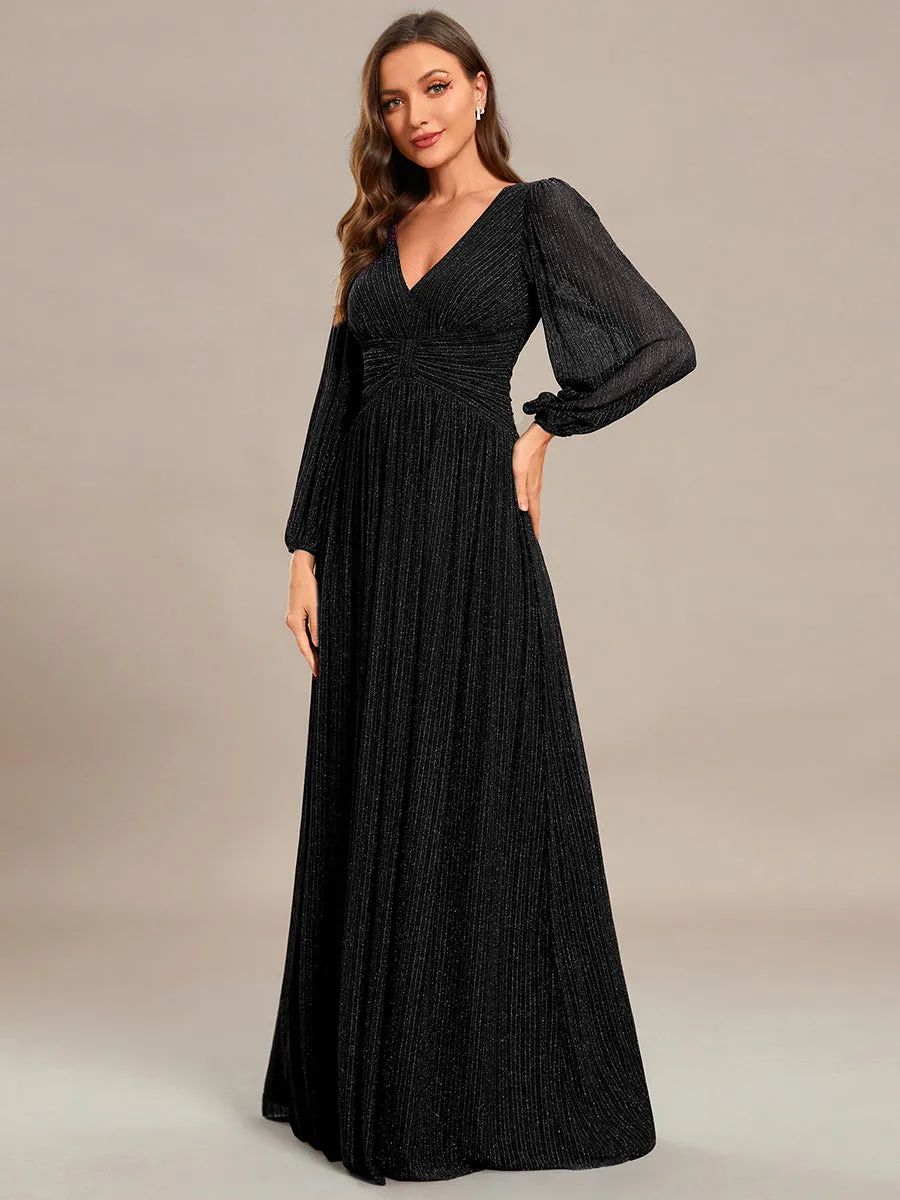 Robe de soirée trapèze à manches longues et taille empire scintillante
