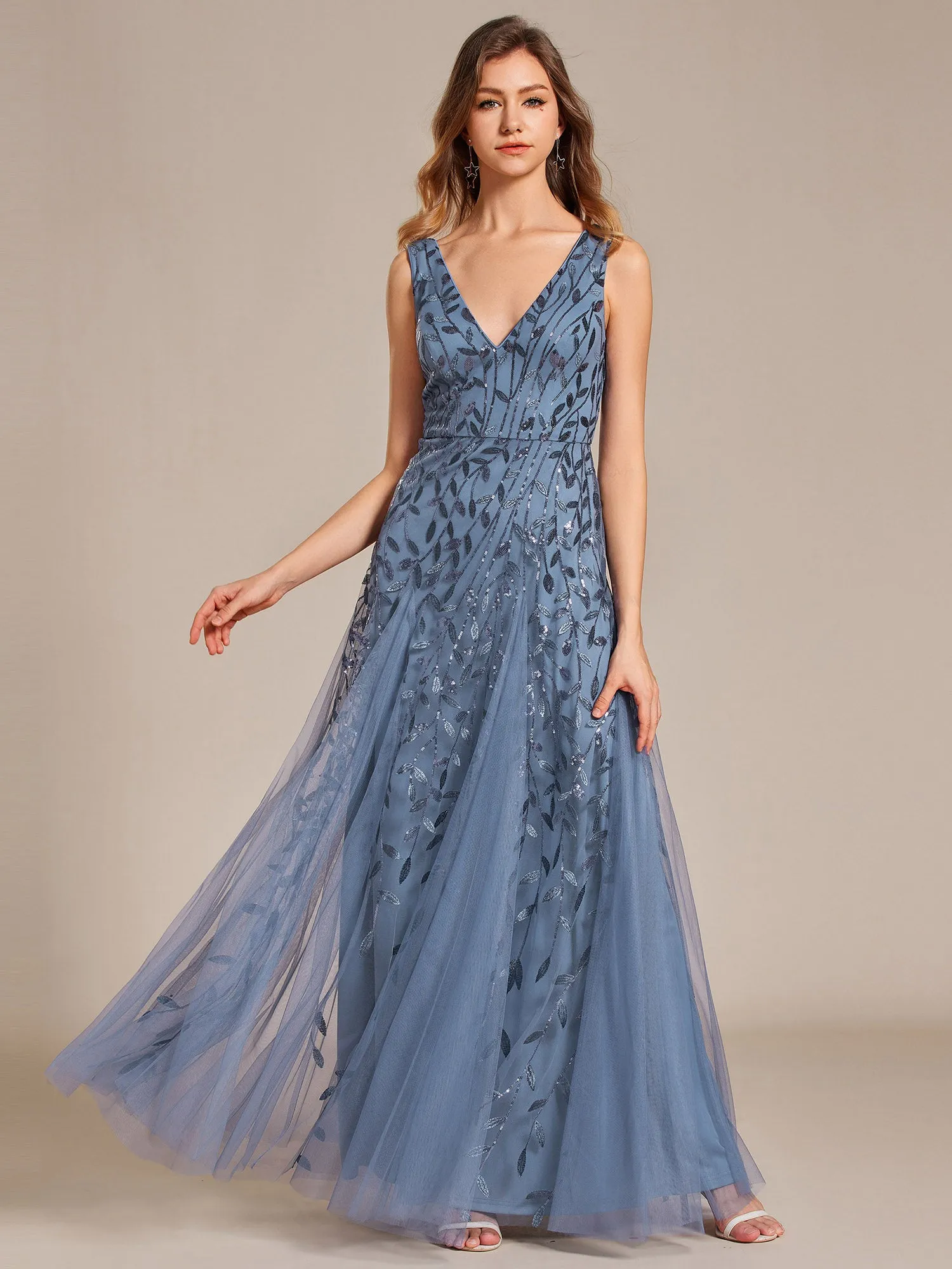 Robes de soirée trapèze pailletées sans manches à col en V