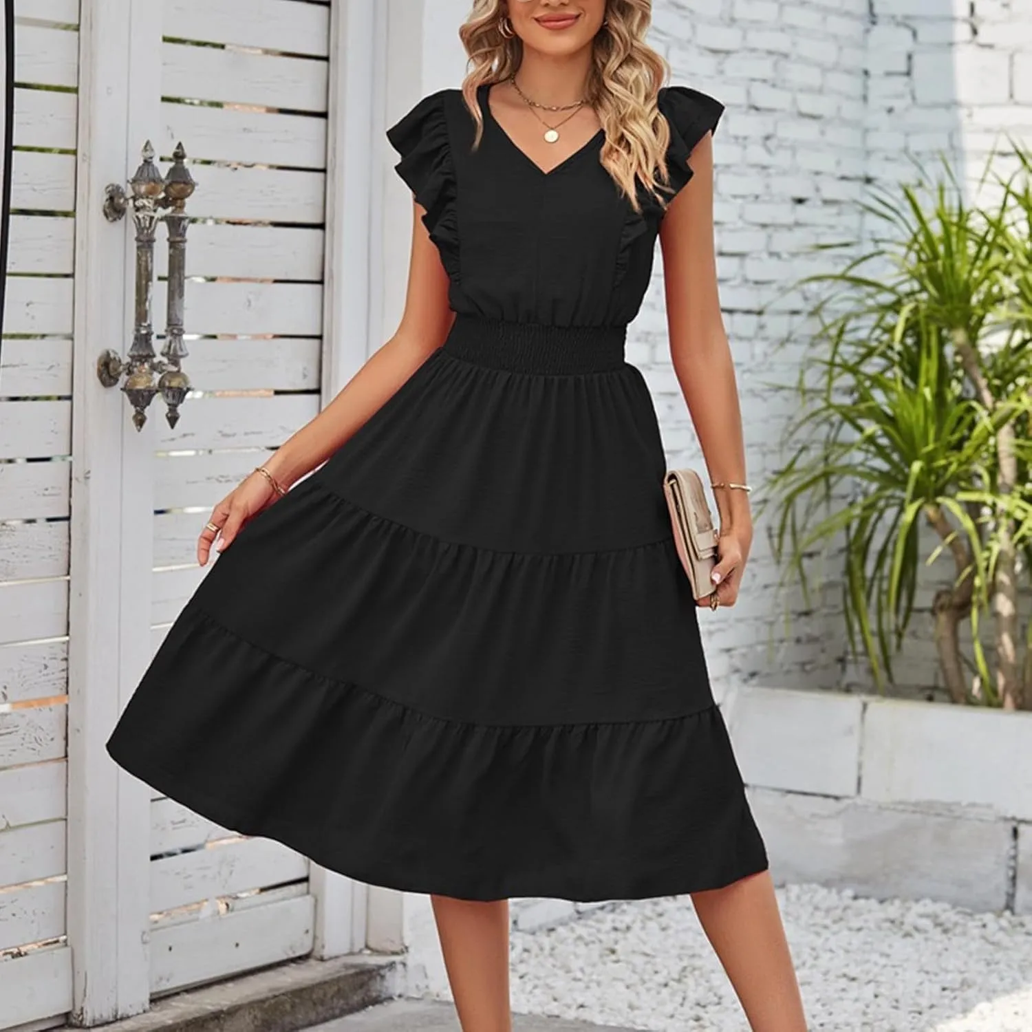 Ruffle Cap Sleeve Midi Dress for Women Elegant A-Line Swing Dresses Summer Flowy Tiered Knee Length Holiday