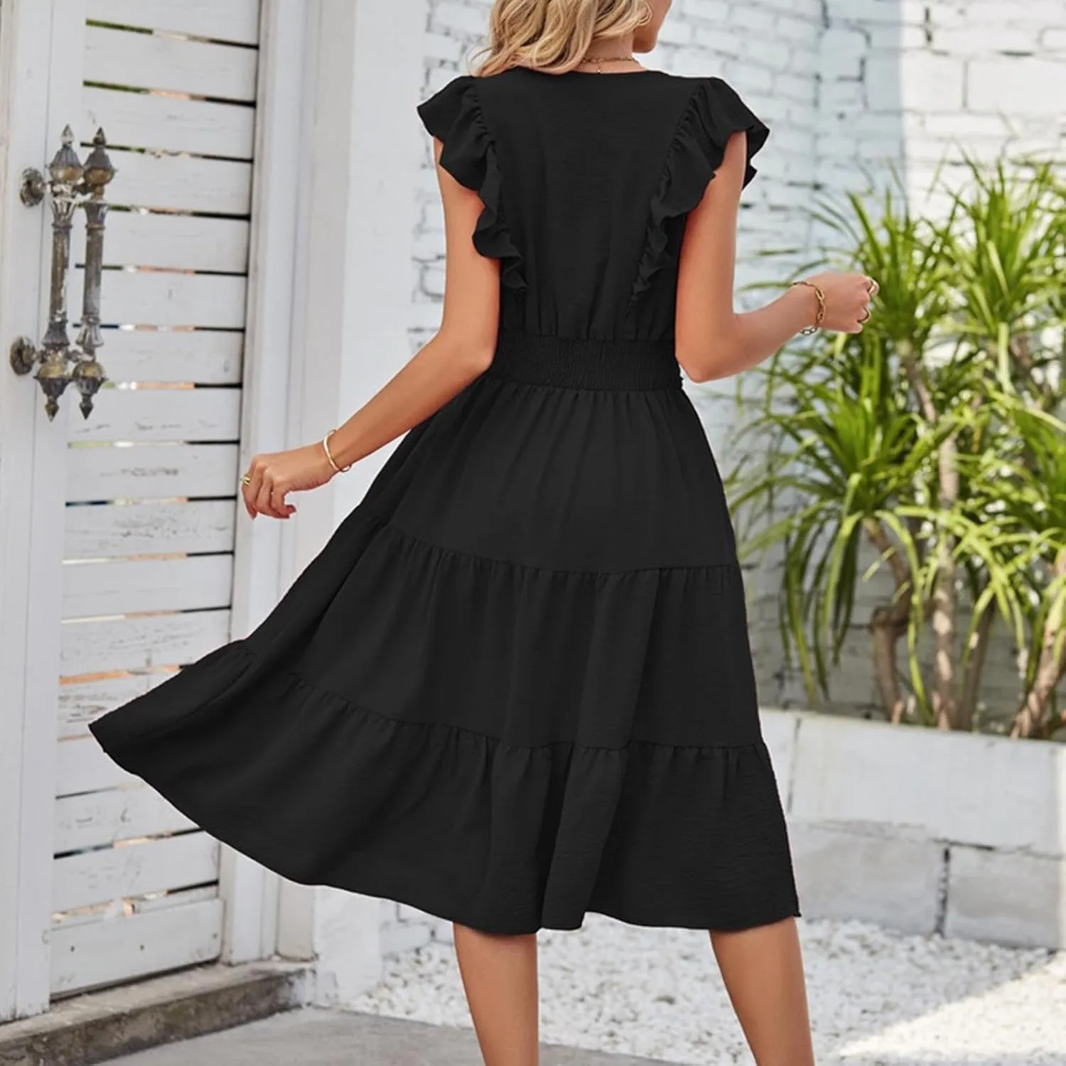 Ruffle Cap Sleeve Midi Dress for Women Elegant A-Line Swing Dresses Summer Flowy Tiered Knee Length Holiday