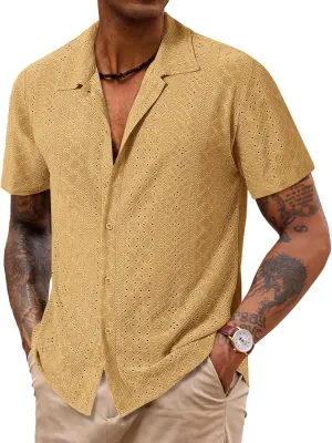 Runcati Mens Casual Button Down Shirt Short Sleeve Summer Beach Hollow Out Tropical Shirts
