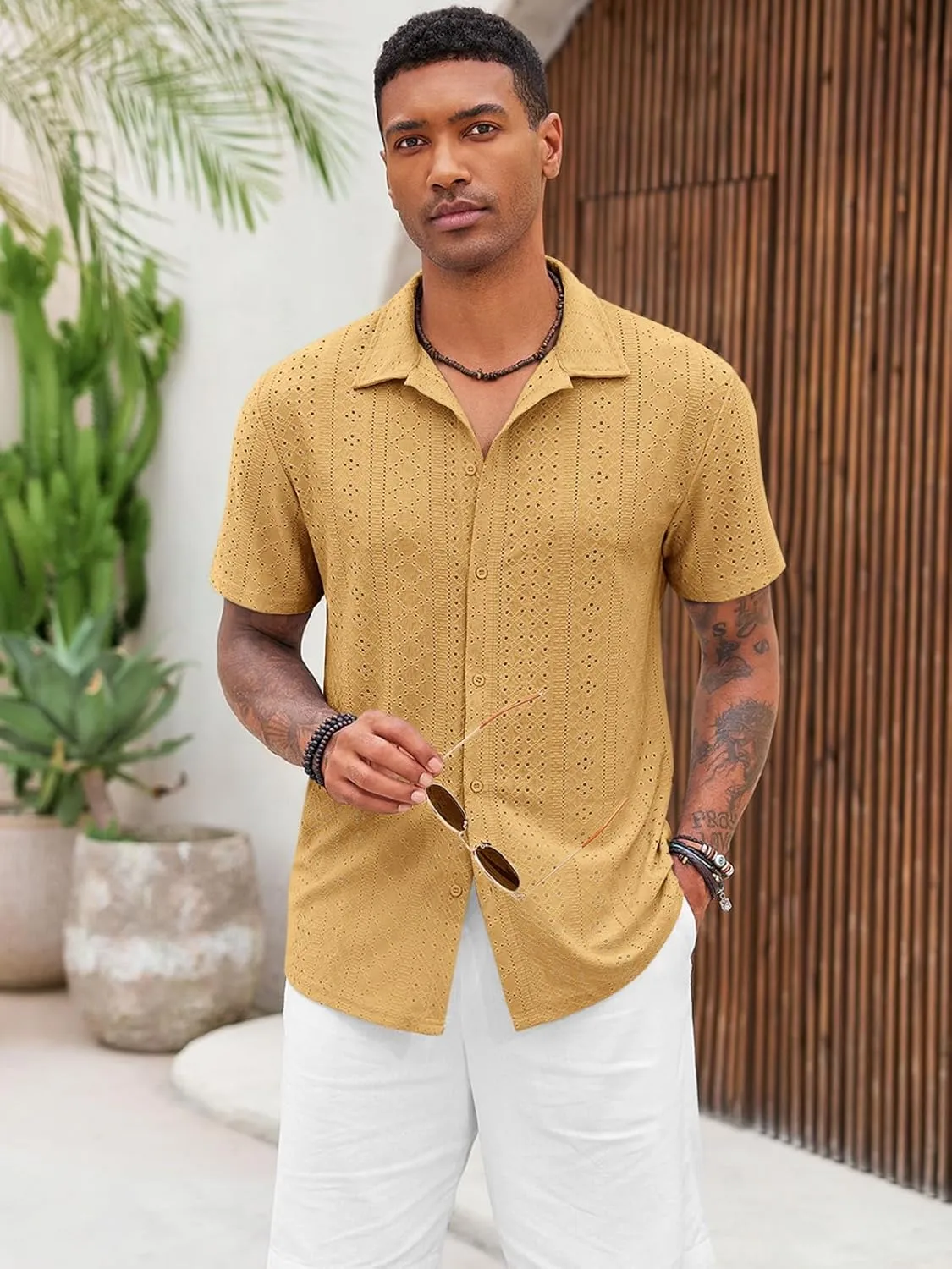 Runcati Mens Casual Button Down Shirt Short Sleeve Summer Beach Hollow Out Tropical Shirts