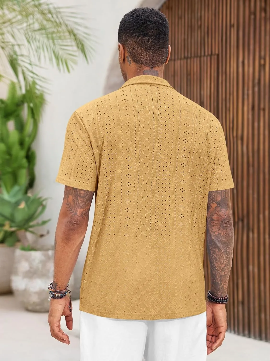 Runcati Mens Casual Button Down Shirt Short Sleeve Summer Beach Hollow Out Tropical Shirts