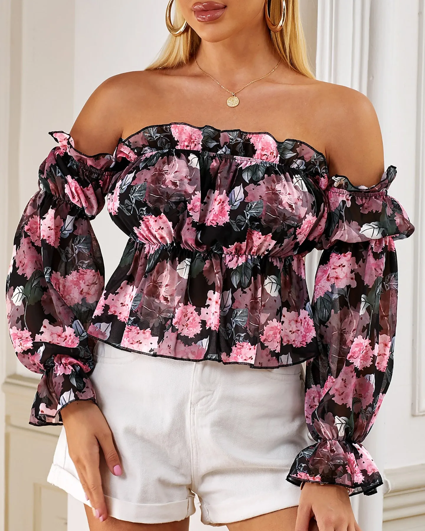 Spring Women Floral Print Off Shoulder Ruffles Blouse 2021 New Femme Casual Long Sleeve Pink Top  Office Ladies Outfits Tunic