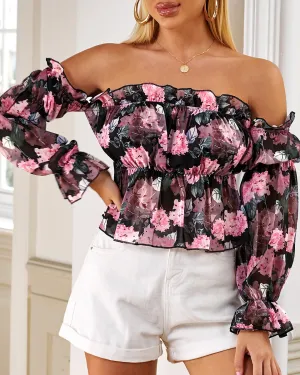 Spring Women Floral Print Off Shoulder Ruffles Blouse 2021 New Femme Casual Long Sleeve Pink Top  Office Ladies Outfits Tunic