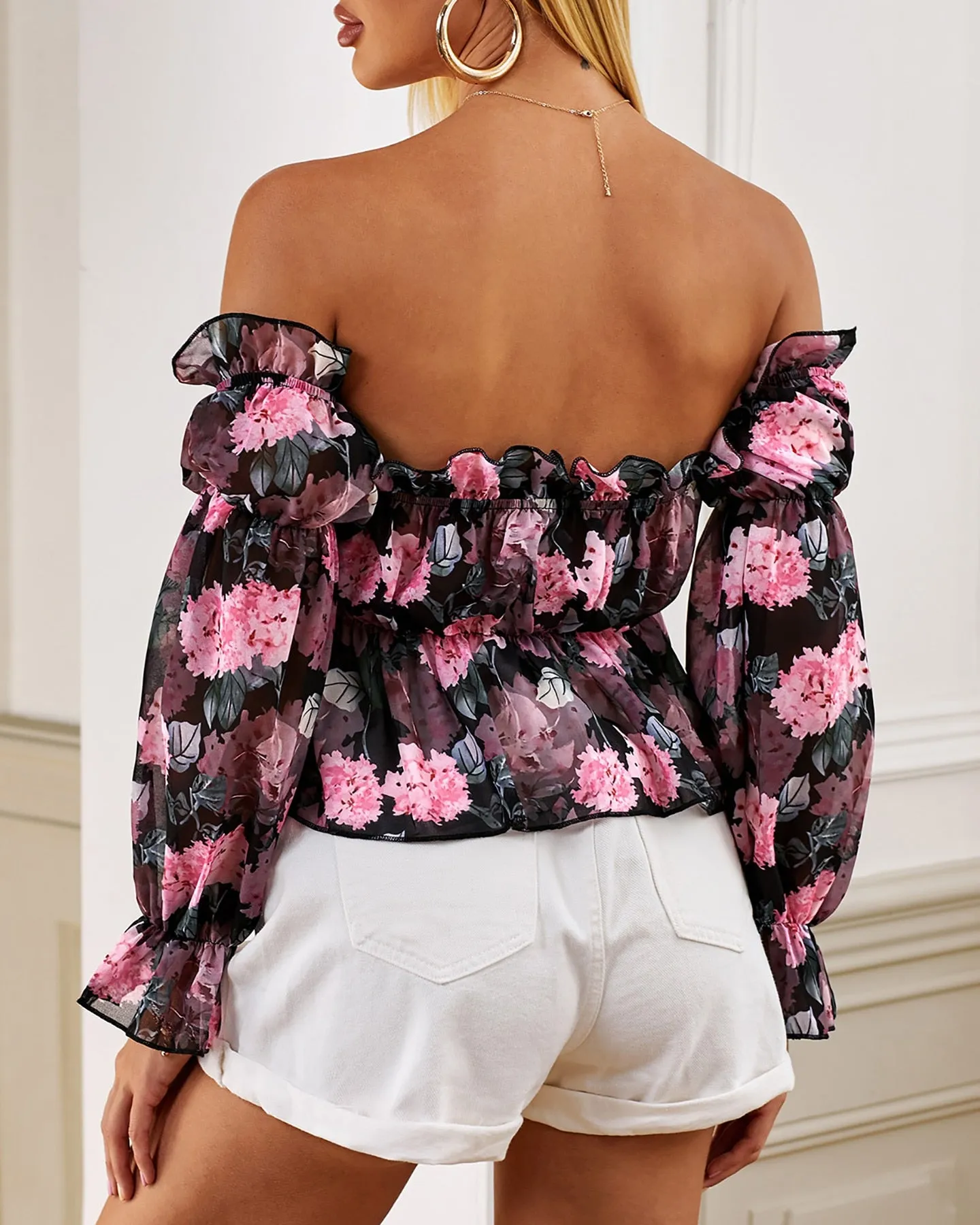 Spring Women Floral Print Off Shoulder Ruffles Blouse 2021 New Femme Casual Long Sleeve Pink Top  Office Ladies Outfits Tunic