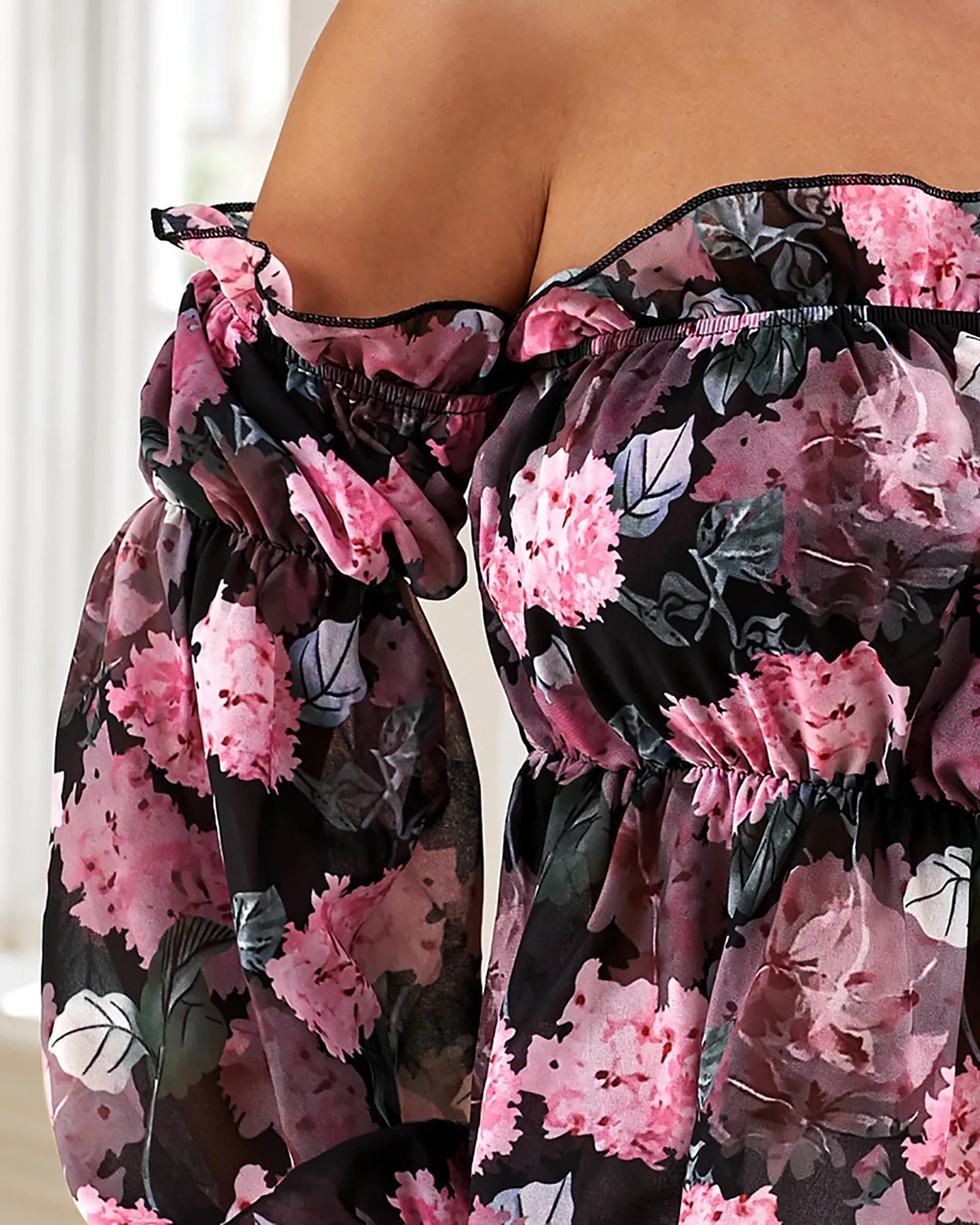 Spring Women Floral Print Off Shoulder Ruffles Blouse 2021 New Femme Casual Long Sleeve Pink Top  Office Ladies Outfits Tunic