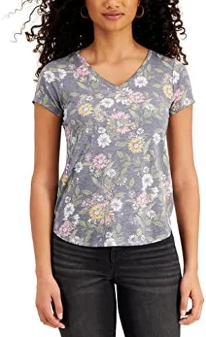 Style Women's Petite Floral-Print V-Neck T-Shirt