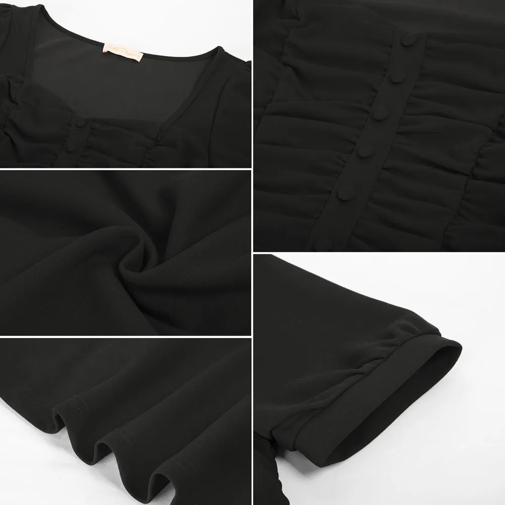 Vintage Ruched Tops Puffed Short Sleeve Peplum Hem A-Line Tops⏰Flash Sale
