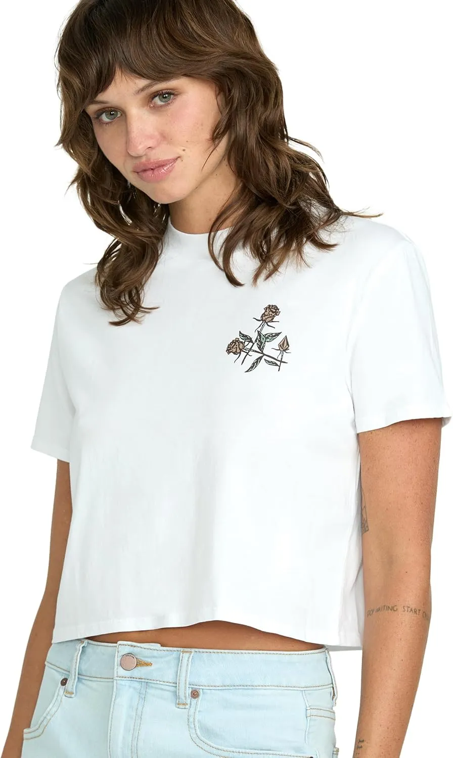 Volcom Women's Dial Crop Organic Cotton T-Shirt  Relaxed Fit, Enzyme Washed, Chest Pocket, Striped Interior Neck Tape