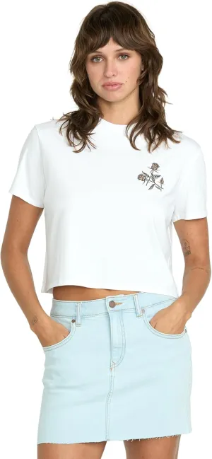 Volcom Women's Dial Crop Organic Cotton T-Shirt  Relaxed Fit, Enzyme Washed, Chest Pocket, Striped Interior Neck Tape