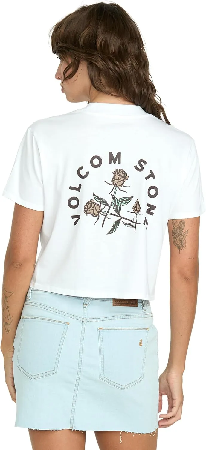 Volcom Women's Dial Crop Organic Cotton T-Shirt  Relaxed Fit, Enzyme Washed, Chest Pocket, Striped Interior Neck Tape