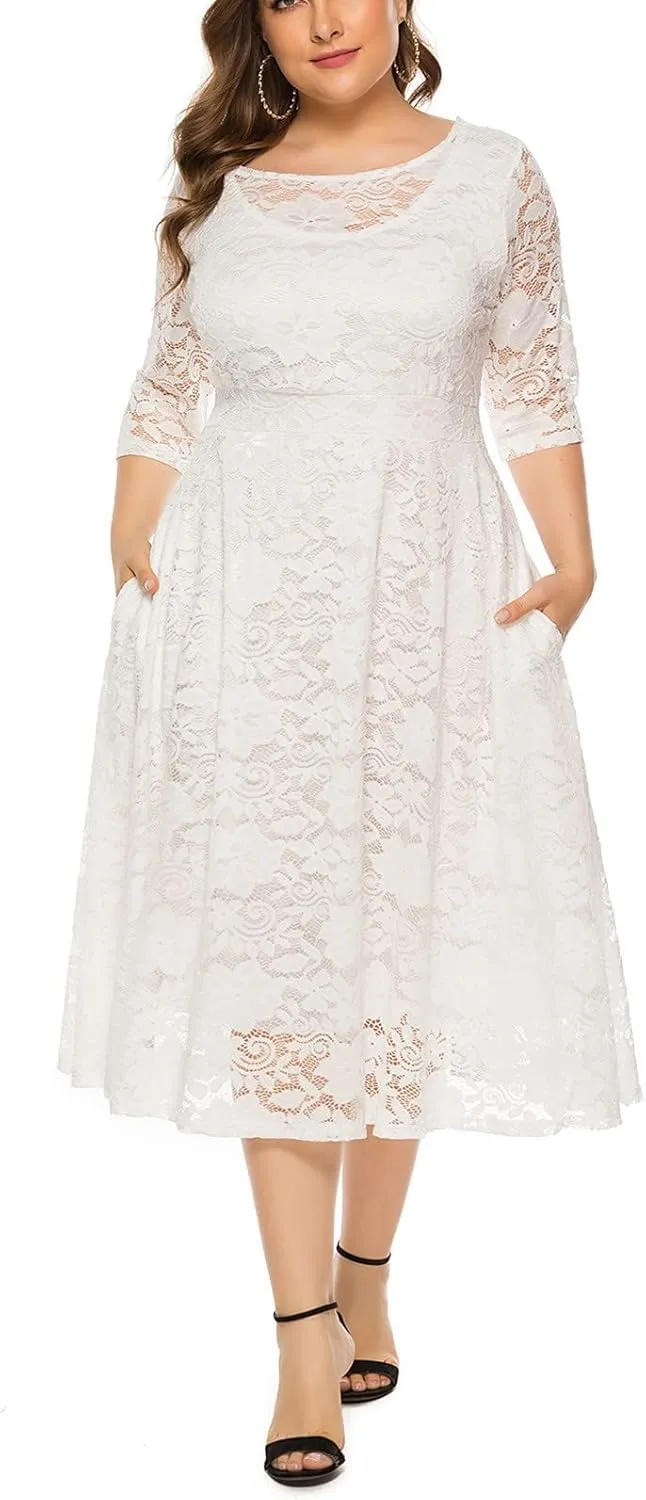 Wedding Guest Dresses for Women 2024 Summer Long Sleeve Crew Neck Midi Dress Plus Size Lace Evening Party Dress