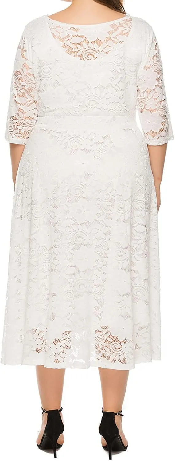 Wedding Guest Dresses for Women 2024 Summer Long Sleeve Crew Neck Midi Dress Plus Size Lace Evening Party Dress