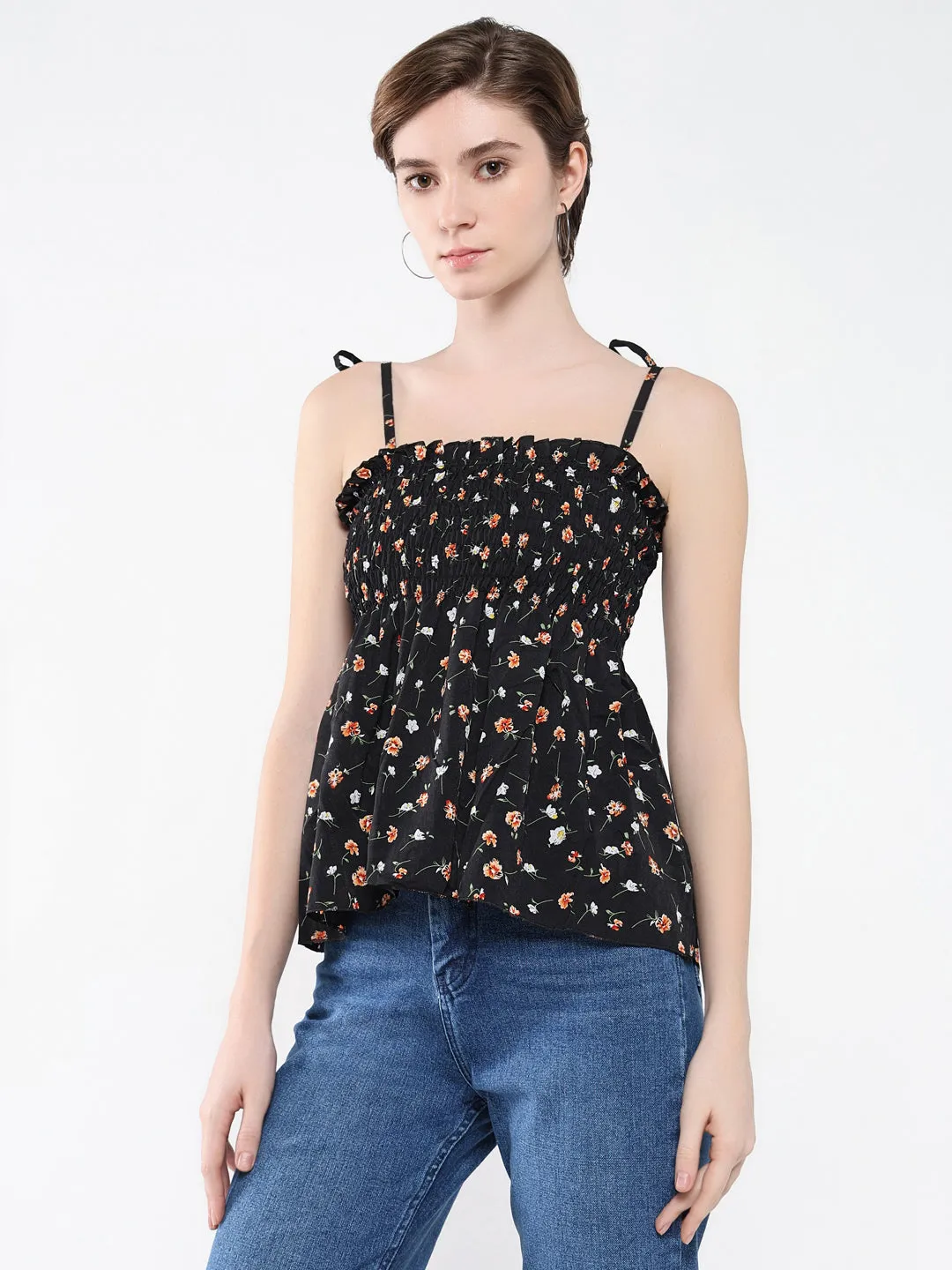 Women Black Floral Print Crepe Peplum Top