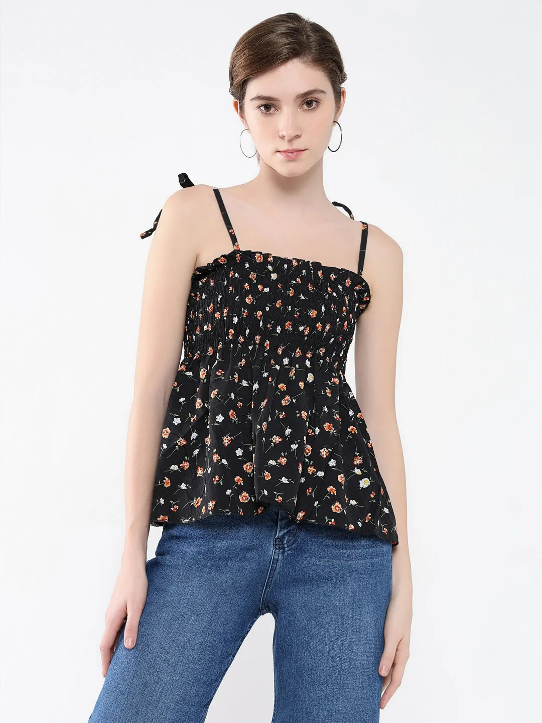 Women Black Floral Print Crepe Peplum Top