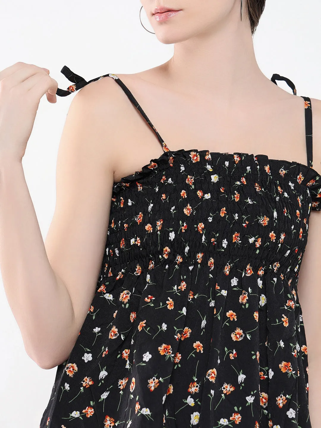 Women Black Floral Print Crepe Peplum Top