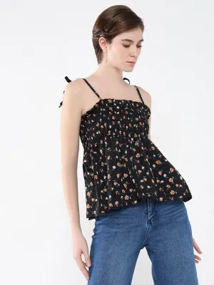 Women Black Floral Print Crepe Peplum Top