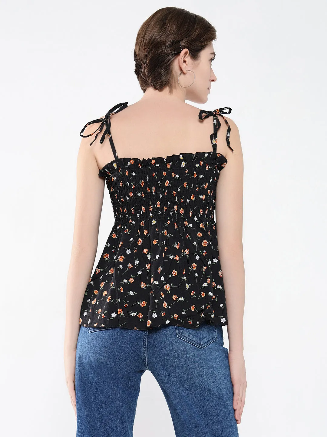 Women Black Floral Print Crepe Peplum Top