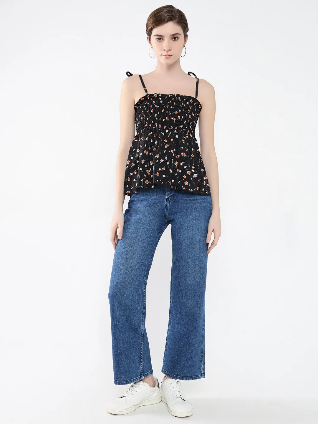 Women Black Floral Print Crepe Peplum Top