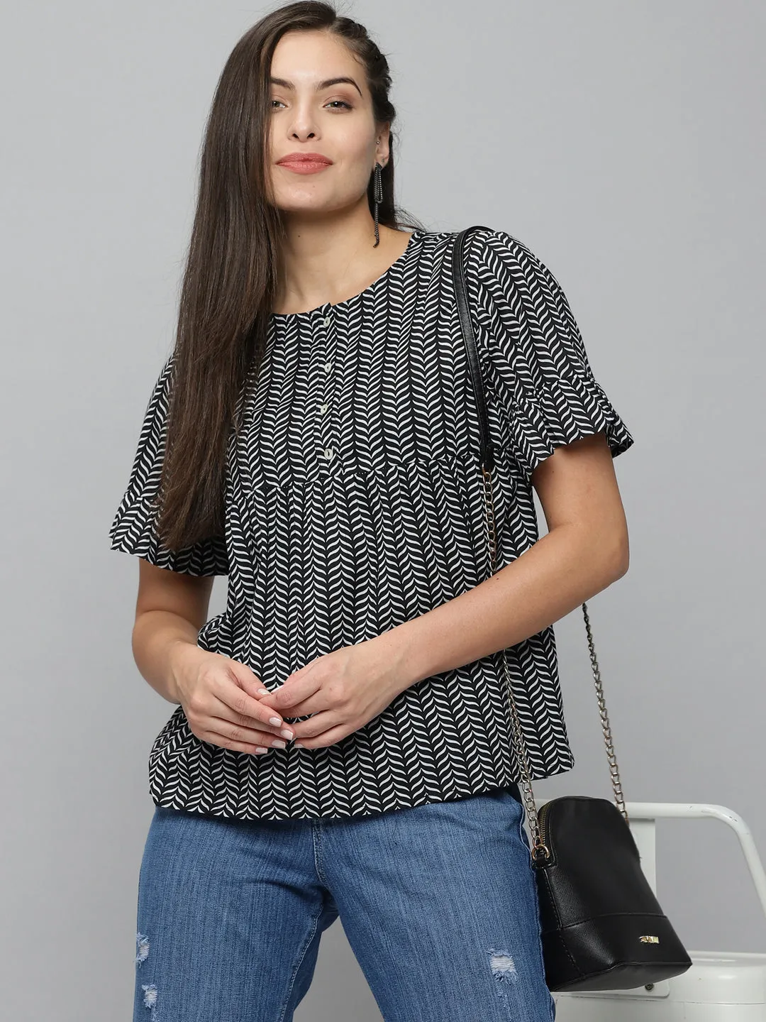 Women Black Floral Print Top