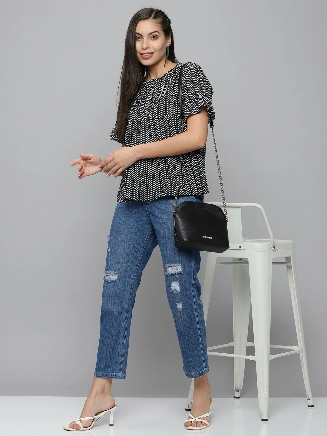 Women Black Floral Print Top