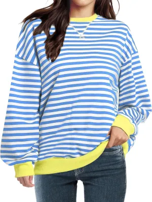 Women Oversized Striped Sweatshirt Long Sleeve Crewneck Shirt Fashion Fall 2025 Pullover Top Preppy Y2K Clothes