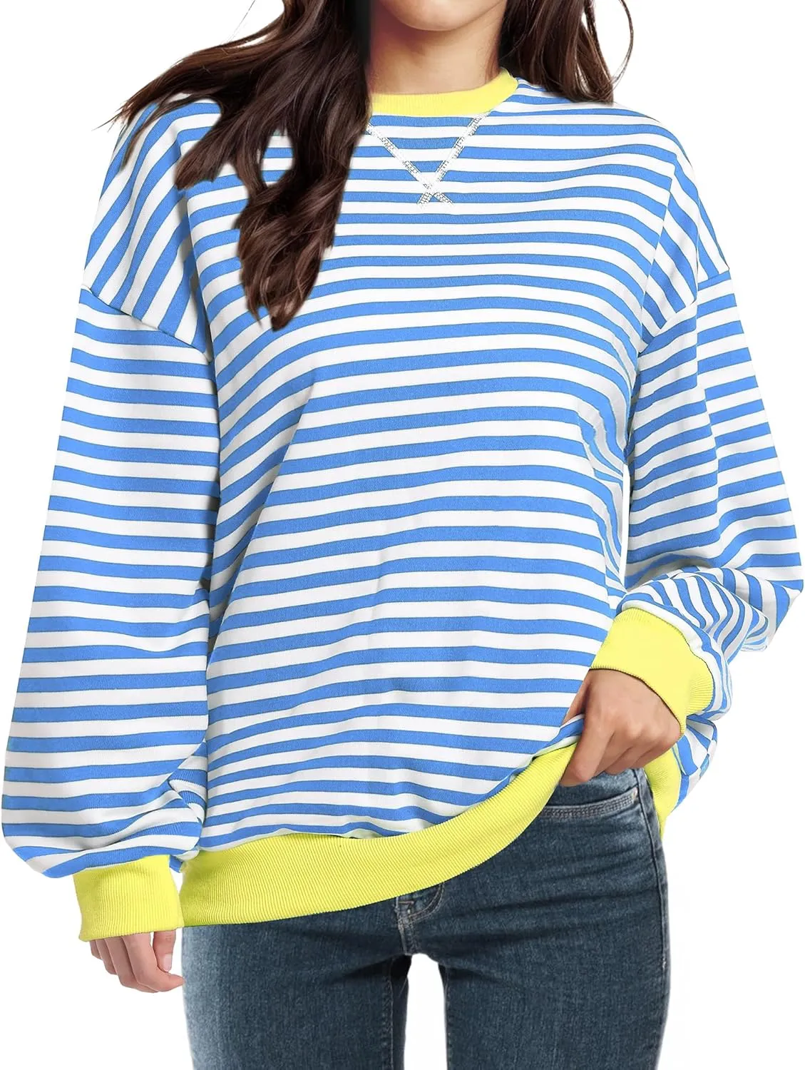 Women Oversized Striped Sweatshirt Long Sleeve Crewneck Shirt Fashion Fall 2025 Pullover Top Preppy Y2K Clothes