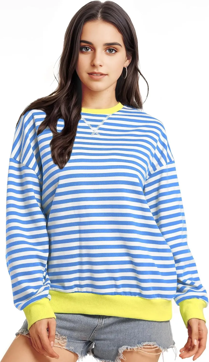 Women Oversized Striped Sweatshirt Long Sleeve Crewneck Shirt Fashion Fall 2025 Pullover Top Preppy Y2K Clothes