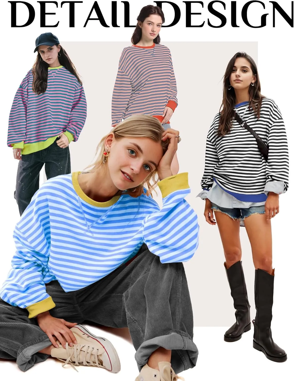 Women Oversized Striped Sweatshirt Long Sleeve Crewneck Shirt Fashion Fall 2025 Pullover Top Preppy Y2K Clothes